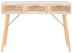 vidaXL Τραπέζι Κονσόλα Λευκό 105x30x75 εκ. Μασίφ Πεύκο &amp; Φυσικό Ρατάν