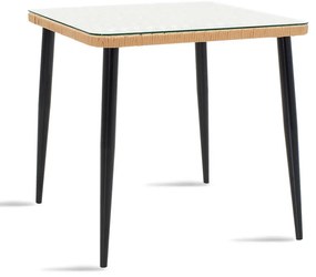 Τραπέζι Naoki pakoworld γυαλί-μέταλλο μαύρο-pe rattan σε φυσική απόχρωση 80x80x78εκ