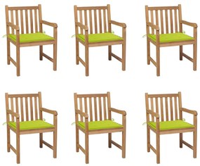 vidaXL Καρέκλες Κήπου 6 τεμ. από Μασίφ Ξύλο Teak με Ανοιχτόχρωμα Πράσινα Μαξιλάρια