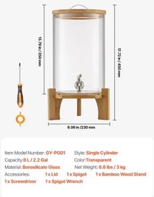 VEVOR Drink Dispenser 8L Beverage Dispenser for Parties Glass with Stand