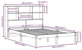 Κρεβάτι Βιβλιοθήκη Χωρίς Στρώμα 140x200 εκ Μασίφ Ξύλο Πεύκου - Καφέ