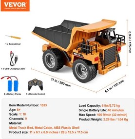 VEVOR RC Remote Control Dump Truck Toy Construction Vehicle Toy 9CH 1:18 Scale