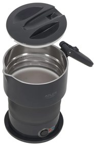 Τουριστικός ηλεκτρικός βραστήρας Adler AD 1377, 600W, 0,6 l, Αναδιπλούμενο σώμα σιλικόνης, Προστασία υπερθέρμανσης, Ένδειξη φωτός, Γκρι/Μαύρο