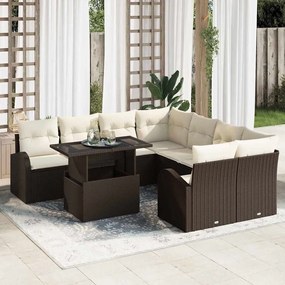 vidaXL 9 τεμάχια σετ καναπέ κήπου με καφέ πολυ rattan και μαξιλάρια