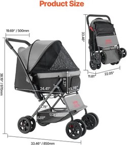 VEVOR Pet Stroller Foldable 4 Wheels Dog Stroller Reversible Handle up to 44lbs