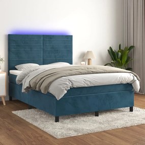 Κρεβάτι Boxspring με Στρώμα &amp; LED Σκ. Μπλε 140x200εκ. Βελούδινο - Μπλε