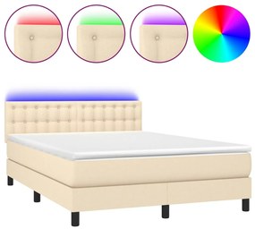 vidaXL Κρεβάτι Boxspring με Στρώμα & LED Κρεμ 140x190 εκ. Υφασμάτινο