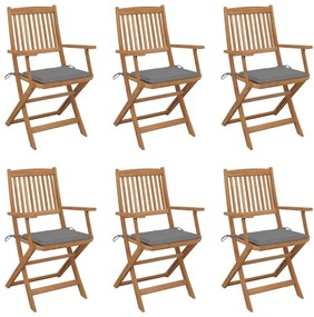 Καρέκλες Κήπου Πτυσσόμενες 6 τεμ Μασίφ Ξύλο Ακακίας &amp; Μαξιλάρια - Γκρι
