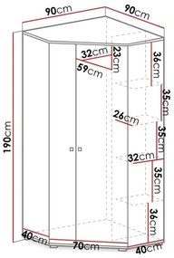 Γωνιακή ντουλάπα Omaha J101, Σκυρόδεμα, Δρυς, Άσπρο, 190x90x90cm, 74 kg, Πόρτες ντουλάπας: Με μεντεσέδες, Αριθμός ραφιών: 5, Αριθμός ραφιών: 5