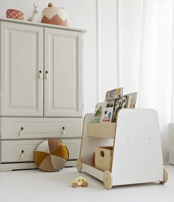 Ξύλινη Βιβλιοθήκη Montessori Τροχήλατη White + Natural  BabyWood