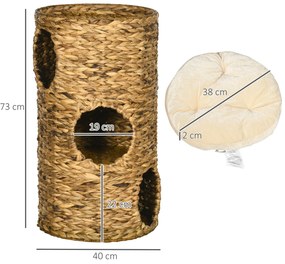 PawHut Σπηλιά γάτας με 3 επίπεδα, 3 εισόδους, σχέδιο Boho, με μαξιλάρι, 40 cm x 40 cm x 73 cm, Ανοιχτό καφέ + Κρεμ λευκό