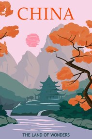 Εικονογράφηση China vintage poster autumn landscape mountains, VectorUp