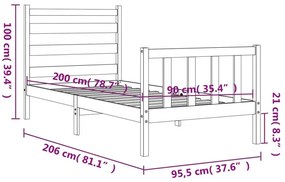 Πλαίσιο Κρεβατιού με Κεφαλάρι Μαύρο 90x200 εκ. Μασίφ Ξύλο - Μαύρο