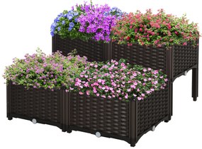 Outsunny Υπερυψωμένο παρτέρι, γλάστρα με τρύπες αποστράγγισης, γλάστρα σε εμφάνιση rattan, πλαστικό, καφέ, 40 x 40 x 44 cm