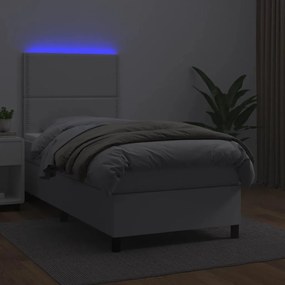 Κρεβάτι Boxspring με Στρώμα &amp; LED Λευκό 90x190 εκ. Συνθ. Δέρμα - Λευκό