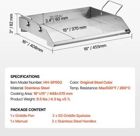 VEVOR 18x16 in Flat Top Griddle Stainless Steel Universal BBQ Grill Pan Cookware