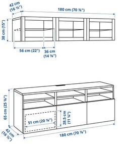 BESTÅ σύνθεση αποθήκευσης TV/γυάλινες πόρτες/συρτάρια ανοίγματος με πίεση, 180x42x192 cm 294.887.88