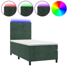 vidaXL Κρεβάτι Boxspring με Στρώμα & LED Σκ. Πράσινο 90x200 εκ Βελούδο