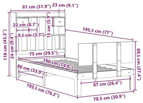 Κρεβάτι Βιβλιοθήκη Χωρίς Στρώμα Λευκό 75x190 εκ Μασίφ Πεύκο - Λευκό