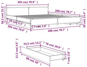 Πλαίσιο Κρεβατιού με συρτάρια Γκρι sonoma 200x200εκ. Επεξ. Ξύλο - Γκρι