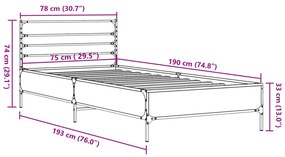 Πλαίσιο Κρεβατιού Sonoma Δρυς 75 x 190 εκ. Επεξ. Ξύλο &amp; Μέταλλο - Καφέ