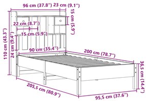 Κρεβάτι Βιβλιοθήκη Χωρίς Στρώμα 90x200 εκ Μασίφ Ξύλο Πεύκου - Καφέ