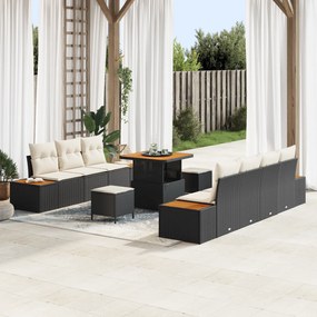 vidaXL Σετ Κήπου 10 Τεμαχίων με Μαξιλάρια Μαύρο, Poly Rattan, Acacia