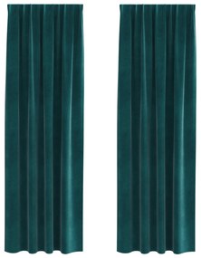 vidaXL Curtains blackout  με κορδέλα 2 τεμ Σκούρο Πράσινο Βελούδο