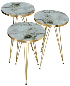 Side tables Wakmi 3 pieces set white beige marble melamine-gold metal 33x33x55 εκ.