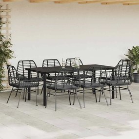 vidaXL Σετ Τραπεζαρίας Κήπου 9 τεμ Μαύρο Συνθ.Ρατάν/Γυαλί με Μαξιλάρια