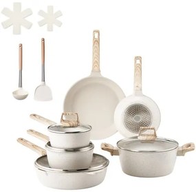 VEVOR 17 Piece Pots and Pans Set Granite Nonstick Kitchen Cookware White