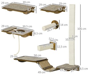 PawHut Σετ σκάλας για γάτες, τοίχος αναρρίχησης, 8 τεμάχια, έως 8 kg, ανθεκτικό, Καφέ/Κρεμ λευκό