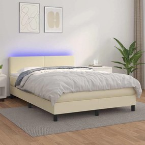 VidaXL Κρεβάτι Boxspring με Στρώμα & LED Κρεμ 140x190 εκ. Συνθ. Δέρμα