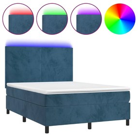 vidaXL Κρεβάτι Boxspring με Στρώμα & LED Σκ. Μπλε 140x200εκ. Βελούδινο