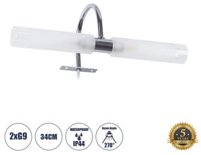 GloboStar® FLORA 60414 Μοντέρνο Φωτιστικό Τοίχου - Απλίκα Καθρέπτη Μπάνιου - Πίνακα 2 x G9 270° AC 220-240V IP44 Μ31 x Π13 x Υ12cm - Χρώμιο Νίκελ - 5 Χρόνια Εγγύηση