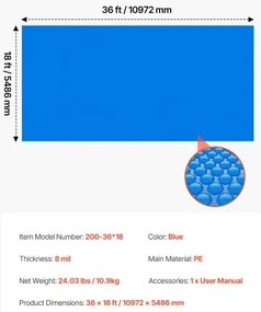 VEVOR Solar Pool Cover, 10.97 x 5.49m Rectangle Pool Bubble Cover, 8 Mil Pools Solar Blanket with Bubble &amp; PE Material, Daytime Heat Absorption, Nighttime Heat Retention, Heat Retaining Solars Covers, Blue