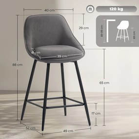 HOMCOM Σετ 2 σκαμπό μπαρ με κοτλέ ύφασμα και μεταλλικά πόδια, καρέκλες κουζίνας για νησίδα κουζίνας, τραπεζαρία, γκρι