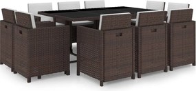 vidaXL Σετ Τραπεζαρίας Εξ. Χώρου 11 τεμ. Καφέ Συνθ. Ρατάν με Μαξιλάρια