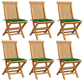 Καρέκλες Κήπου 6 τεμ. από Μασίφ Ξύλο Teak με Πράσινα Μαξιλάρια - Πράσινο