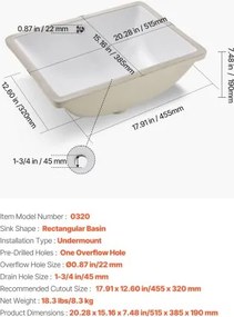 VEVOR Undermount Bathroom Sink, 515 x 385 mm Rectangular White Ceramic Vessel Sink with Overflow Hole, Under Counter Drop in Modern Lavatory Vanity Bath Wash Bowl Basin, Rectangle for Small Space