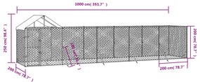 vidaXL Κλουβί Σκύλου Εξ. Χώρου με Οροφή Ασημί 10x2x2,5 μ. Γαλβ. Ατσάλι