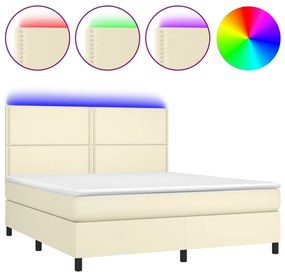 Κρεβάτι Boxspring με Στρώμα &amp; LED Κρεμ 160x200 εκ. Συνθ. Δέρμα - Κρεμ