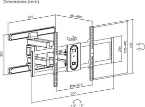 POWERTECH επιτοίχια βάση τηλεόρασης PT-1280, 43-100", έως 60kg, full motion
