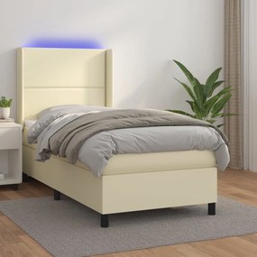 Κρεβάτι Boxspring με Στρώμα &amp; LED Κρεμ 100x200 εκ. Συνθ. Δέρμα - Κρεμ