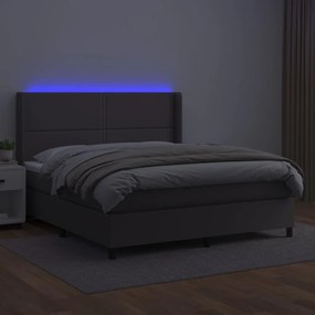 Κρεβάτι Boxspring με Στρώμα &amp; LED Γκρι 160x200 εκ. Συνθ. Δέρμα - Γκρι