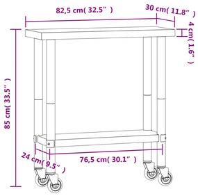 Πάγκος Εργασίας Κουζίνας με Ροδάκια 82,5x30x85 εκ. Ανοξ. Ατσάλι