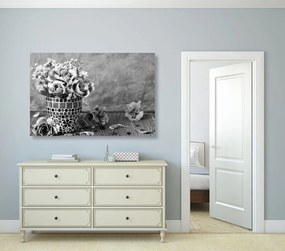 Εικόνα λουλουδιών γαρύφαλλου σε γλάστρα με μωσαϊκό σε ασπρόμαυρο - 120x80