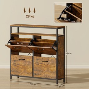 Ντουλάπι παπουτσιών HOMCOM με 4 αναδιπλούμενα συρτάρια, στενό σχεδιασμό, ανοιχτό ράφι, για 12-20 ζευγάρια παπούτσια, ατσάλι, καφέ