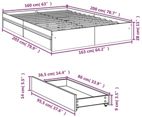 Πλαίσιο Κρεβατιού με συρτάρια Καφέ δρυς 160x200 εκ. Επεξ. Ξύλο - Καφέ