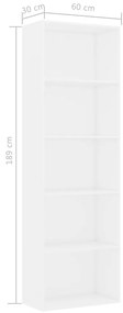 vidaXL Βιβλιοθήκη με 5 Ράφια Λευκή 60 x 30 x 189 εκ. από Επεξ. Ξύλο